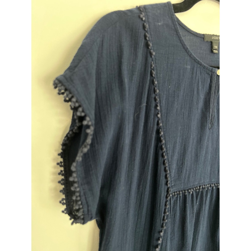 J.Crew Navy Blue Cotton Gauze Pom Pom Trim Keyhole Top XXS A2120 - Picture 7 of 10